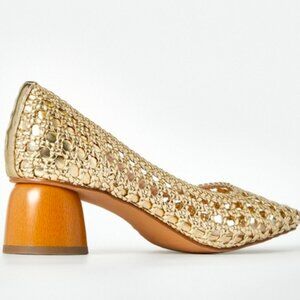 Stylish Allura Gold Woven Pumps with unique wooden heel.